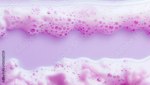 A shower gel or detergent foam with bubbles on soft blue background. Horizontal banner, template for advertising with space for text. 