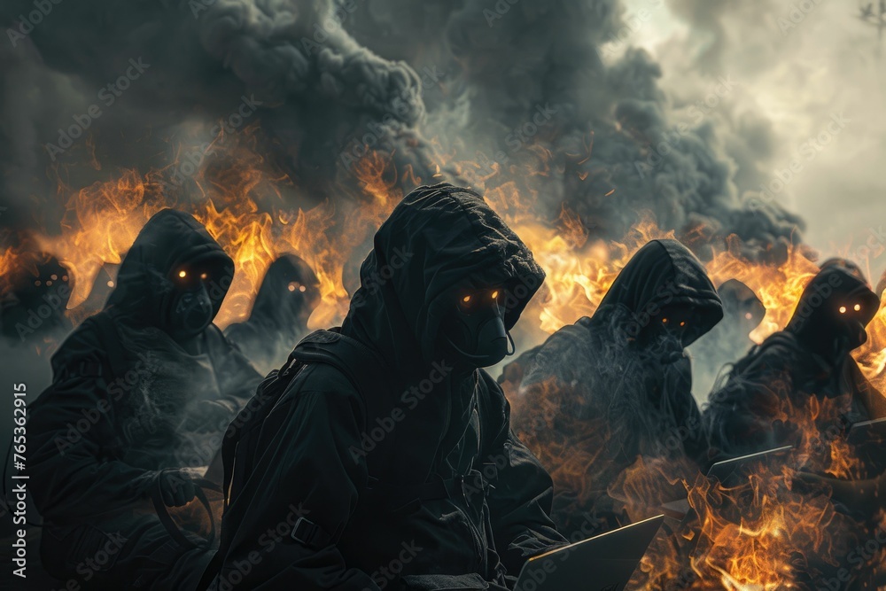 A group of ominous figures in hooded outfits with glowing eyes engage in a synchronized DDoS attack, surrounded by flames and smoke.
 - obrazy, fototapety, plakaty 