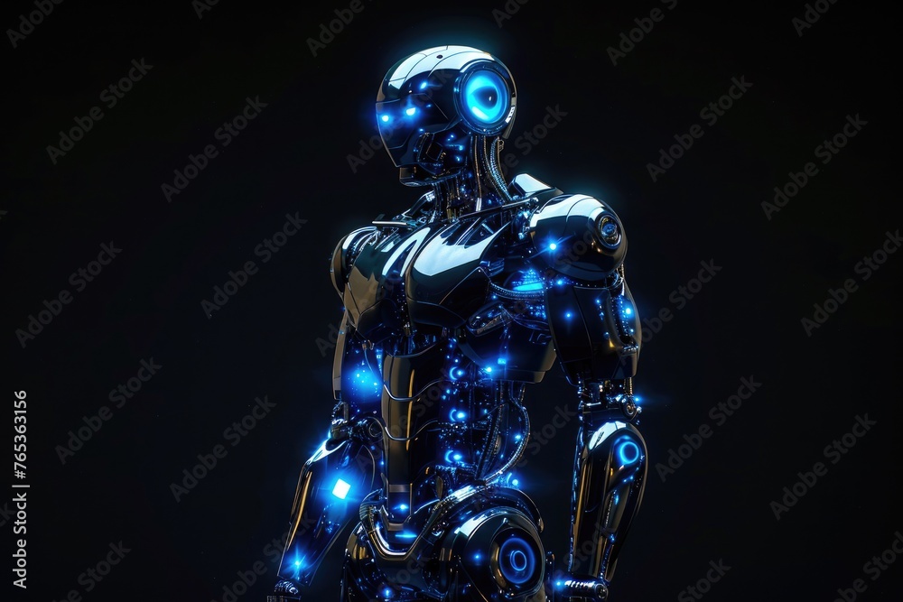 A glowing robot with a human silhouette on a black background. A glowing robot with a human silhouette on a black background.