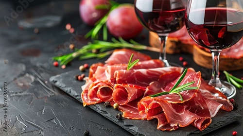 Fototapeta Naklejka Na Ścianę i Meble -  jamon with red wine on a black background