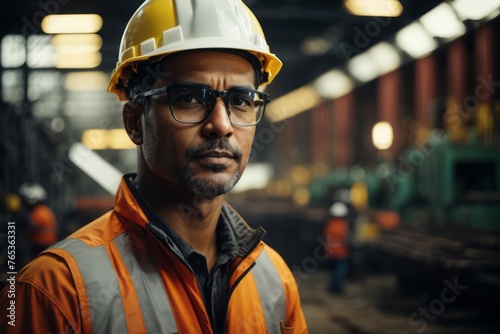 professional heavy industry engineer wearing uniform, glasses and safety hat in steel industrial factory © free
