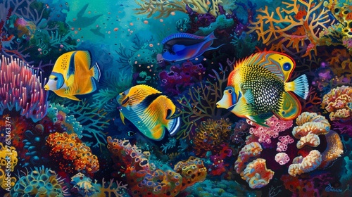 Colorful coral reef fish darting among corals.