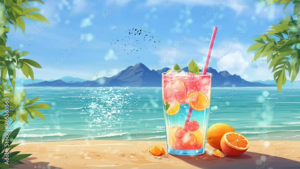 fresh drink on the beach with clear blue sky at spring summer holiday. best seamless 4k loop animation video anime cartoon style