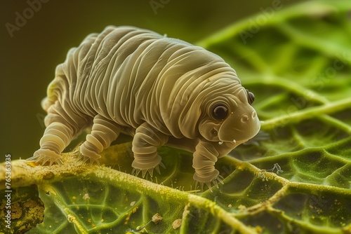 An intimate portrait of a Tardigrade exploring a textured green leaf  emphasizing its segmented body  agile legs  and expressive eyes in high-definition.