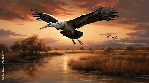 Serenity in Flight  A Majestic Stork Gliding with Gracefulness Over the Calm Waters of a Tranquil Lake  Embracing Nature s Harmony