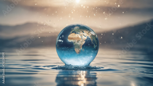 Crystal glass globe in water splash concept for environment and conservation. . Earth crystal glass globe ball. AI generated image, ai