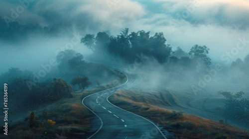A road winding through a dense fog, symbolizing the uncertainty and ambiguity faced by startups on their journey