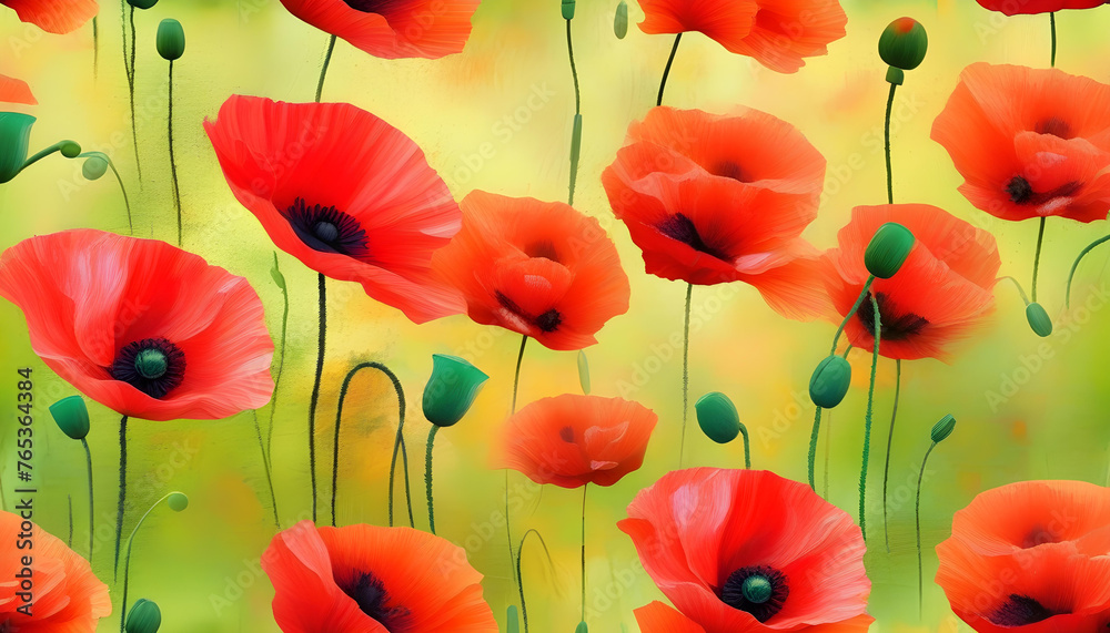 A close-up of a canvas with textured red poppies painted on it