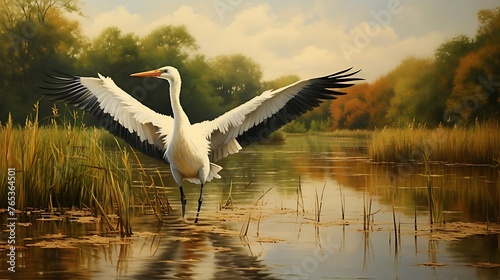 Serene Majesty: A Majestic Stork Gliding Gracefully Over the Tranquil Surface of a Peaceful Lake, Embracing the Essence of Nature's Harmony © Being Imaginative