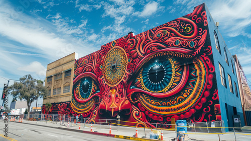 carnival mask country, An artist creating a large and intricate mural on the side of a building photo