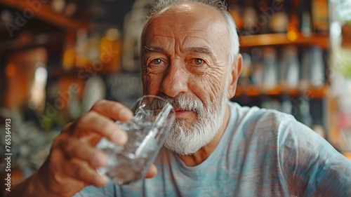 An elderly man with a sports top is drinking a health drink.
