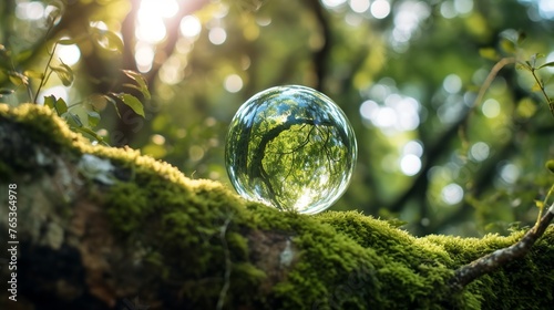 A tree is inside a clear sphere on a mossy hill