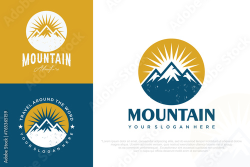 Sunset above mountains peak logo design . Vintage styled mountain . Vector illustration