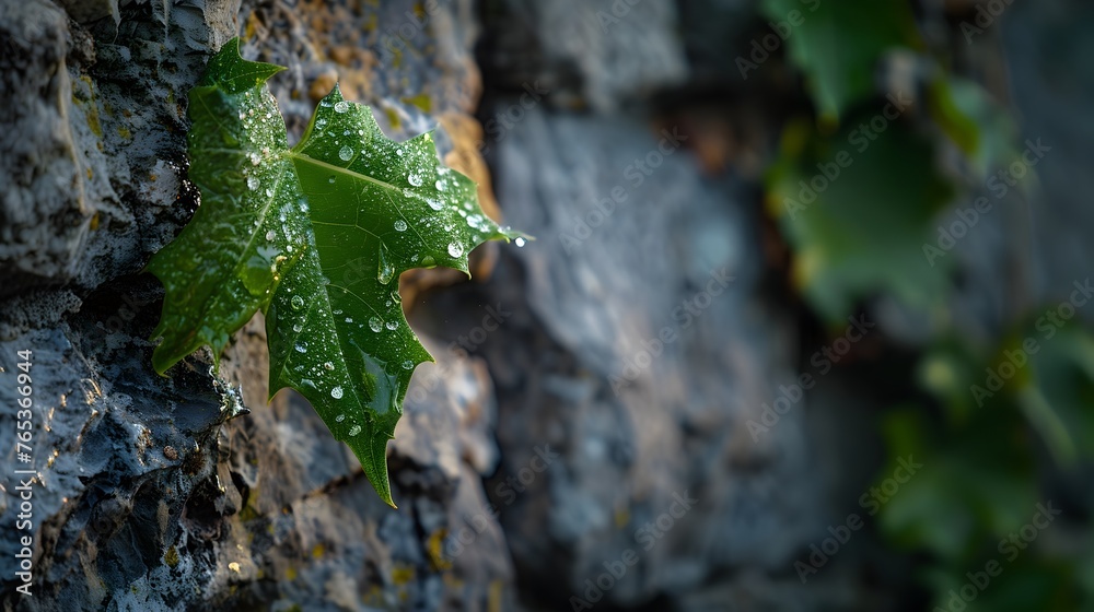 A vibrant green leaf with water droplets with background of the rugged texture of a stone, symbolizing the tenacious persistence of natures splendor and world environment sustainability