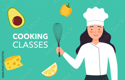 Cooking classes banner. Young chef woman holding kitchen item and ingredients on background.