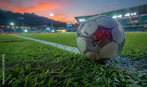 A soccer ball on a field in a soccer stadium