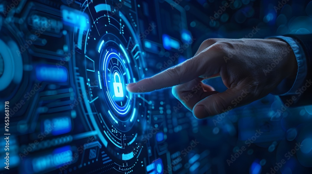 Innovative Digital Security Solutions for Enterprise-Level Cybersecurity and Data Protection, Businessman unlocks security to connect business data by finger print scanning