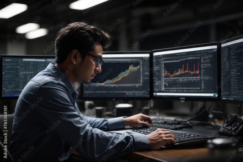Engineer in front of desktop computer and software with industrial specialization engineering facilities background Engineer in front of desktop computer and software with industrial specialization engineering facilities background