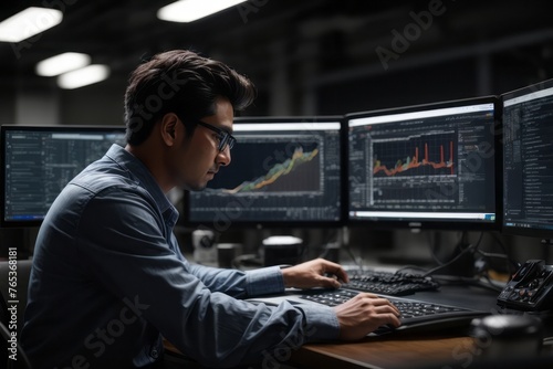 Engineer in front of desktop computer and software with industrial specialization engineering facilities background