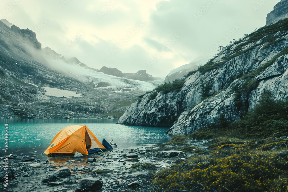 Adventurers camping in scenic wilderness locations in mountain