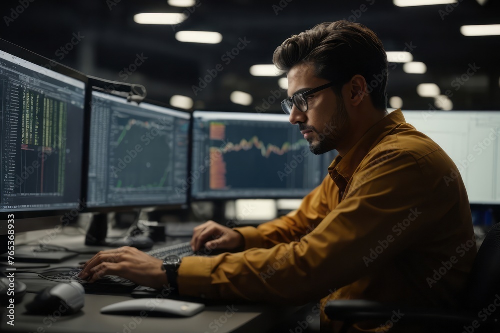 Engineer in front of desktop computer and software with industrial specialization engineering facilities background Engineer in front of desktop computer and software with industrial specialization engineering facilities background