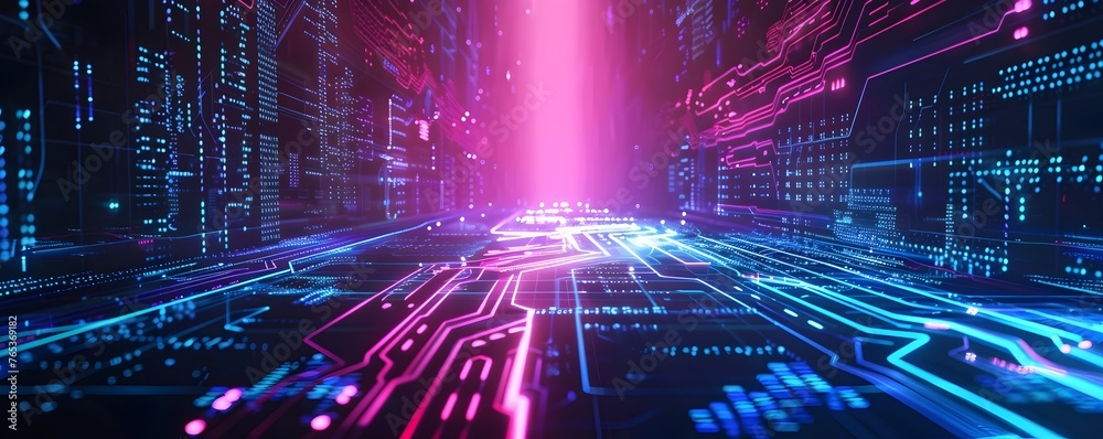 A digital futuristic technology abstract background illuminated by vibrant neon lights, forming a dynamic and interconnected network of systems, Modern and colorful design symbolizes the bright future