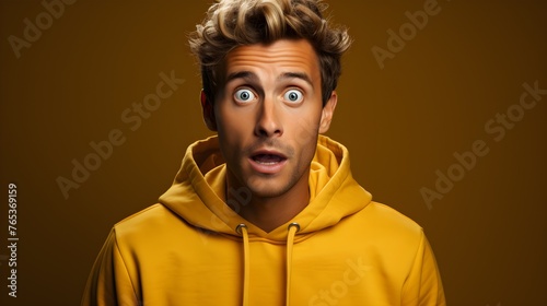 An attractive blonde man witnessing something truly extraordinary that evokes a feeling of awe and euphoria, wearing a casual sweatshirt isolated on a solid color background