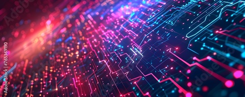 A digital futuristic technology abstract background illuminated by vibrant neon lights, forming a dynamic and interconnected network of systems, Modern and colorful design symbolizes the bright future