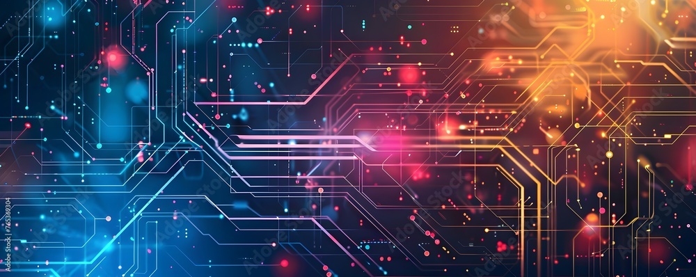 Digital futuristic technology abstract banner background Electronic circuit line illuminated by vibrant neon lights, forming a dynamic and interconnected network of systems Digital futuristic technology abstract banner background Electronic circuit line illuminated by vibrant neon lights, forming a dynamic and interconnected network of systems