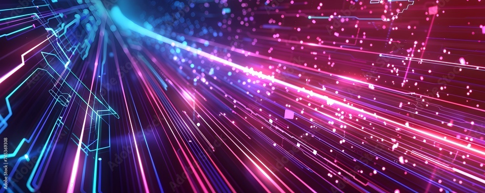 Digital futuristic technology abstract banner background Electronic circuit line illuminated by vibrant neon lights, forming a dynamic and interconnected network of systems Digital futuristic technology abstract banner background Electronic circuit line illuminated by vibrant neon lights, forming a dynamic and interconnected network of systems