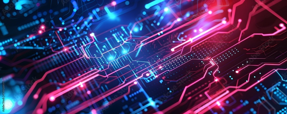 Digital futuristic technology abstract banner background Electronic circuit line illuminated by vibrant neon lights, forming a dynamic and interconnected network of systems Digital futuristic technology abstract banner background Electronic circuit line illuminated by vibrant neon lights, forming a dynamic and interconnected network of systems