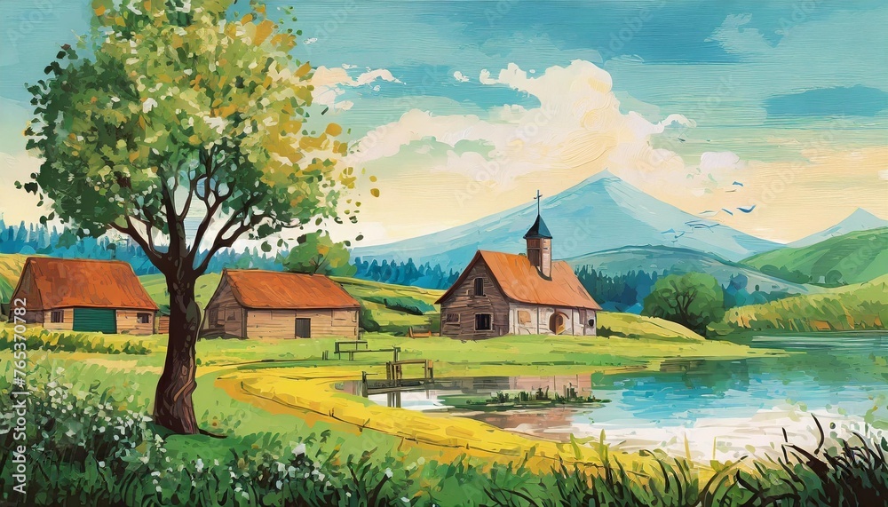 ai generated generative vintage retro village countryside farming rural landscape nature outdoor background with house tree and lake peace and relaxing vibe drawing painting