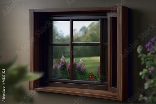 Wooden window of modern house  closed glass window.
