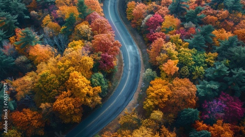 A winding road passing through vibrant autumn foliage,  symbolizing the phases of growth and transformation experienced by startups © basketman23