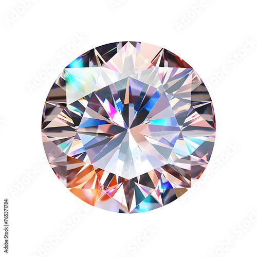 Sparkling light round brilliant cut diamond with shadow and glowing lens flares. 3D rendering illustration isolated on white and transparent background, top view.