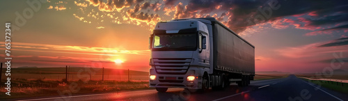 a truck is driving along a hroad at sunset. © powerstock