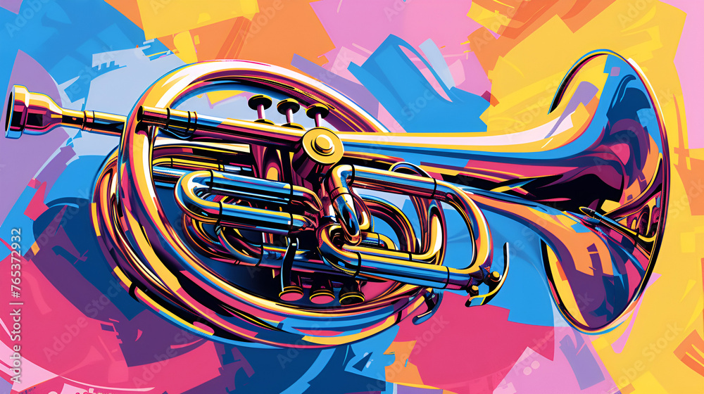 World Jazz Day, French Horn Flat Pop Art Painting Illustration On Wall, Generative Ai