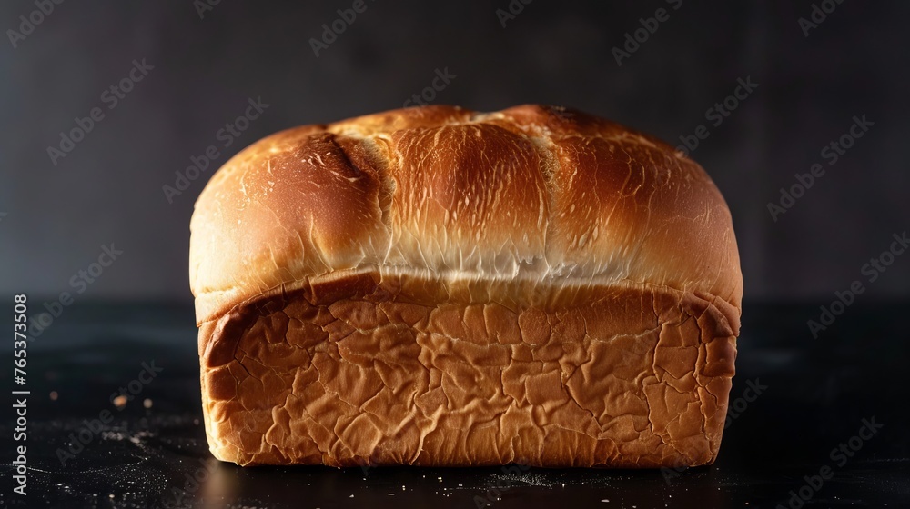 A newly baked loaf of white wheat bread is displayed on a black background. - obrazy, fototapety, plakaty 
