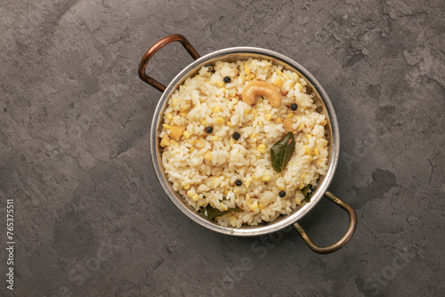Fresh made Ven Pongal with Sambar served as a break fast in tamilnadu. Fresh pongal with sambar main break fast and dinner south indian dish