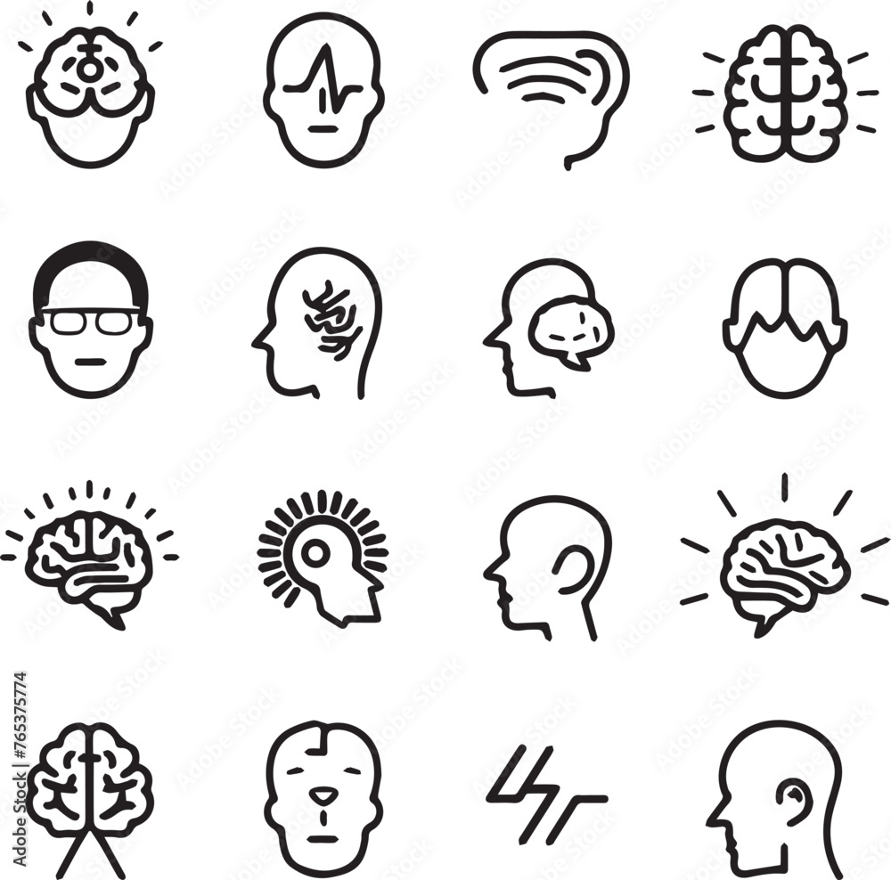 Mental health black outline icon set on white background