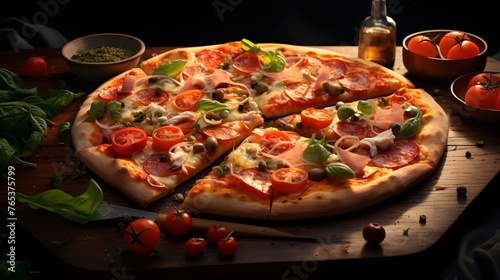  Pepperoni pizza on the wooden board with dark lighting and black background. Food and delivery concept. Generative AI Free Photo 