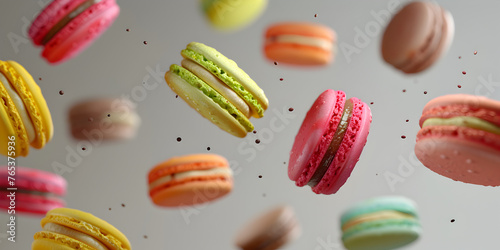 Sweet and colorful macaroons flying or macaron on light background, dessert for every event and festival , Christmas, Easter colorful dessert concept 
