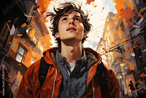 A captivating portrait of a teenage boy, exuding a sense of curiosity and independence, as he navigates the vibrant streets, eager to embrace the world before him