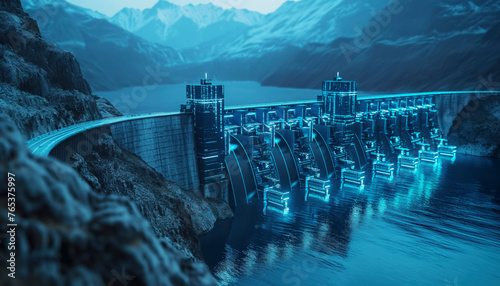Renewable energy hydroelectric dam engineering in a scenic river landscape in blue digital futuristic style,A blue and white city with a bridge,A futuristic cityscape with a bridge and a waterway photo