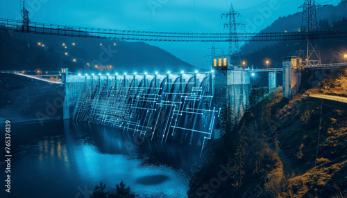 Renewable energy hydroelectric dam engineering in a scenic river landscape in blue digital futuristic style,A blue and white city with a bridge,A futuristic cityscape with a bridge and a waterway © BrightSpace
