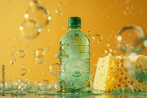 A green plastic bottle of dish soap with bubbles and a sponge on a yellow solid background.