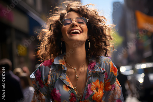 Vibrant young woman exuding joy and authenticity, casually dressed on a sunny city street, conveying a refreshing sense of freedom and spontaneity