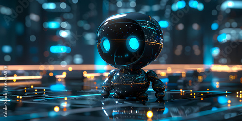 laser show at night, A robot with blue eyes and black eyes sits on a table, Cute little robot Generative ai, A robot with glowing eyes flying through the air, Telegram futuristic ai robot in black,


 photo