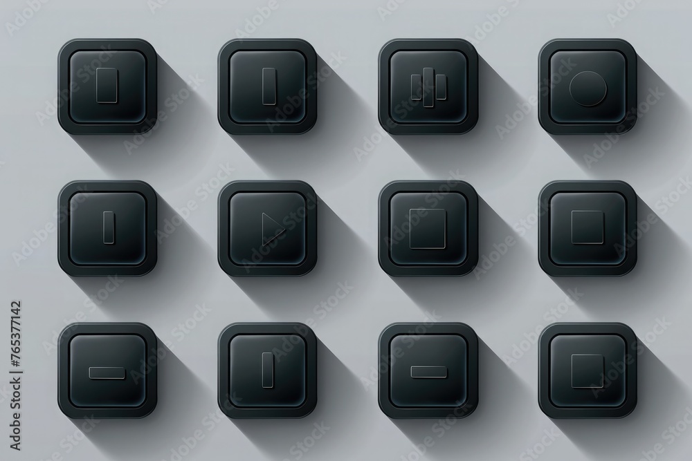 16 media control web 2.0 buttons. Black rounded square with shadow on gray background .