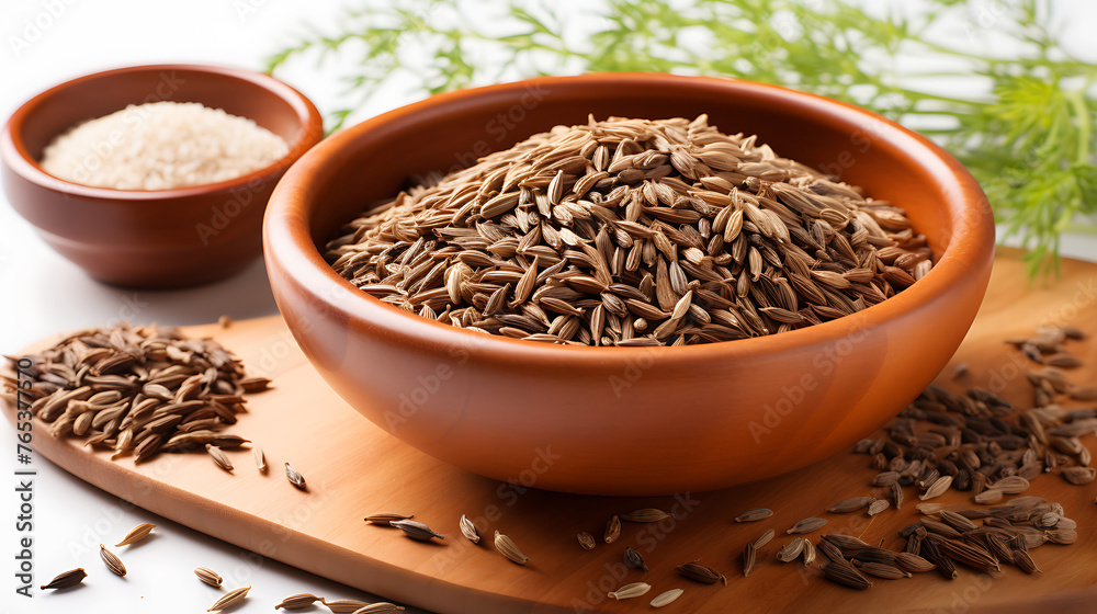 Organic cumin seeds in a bowl on wooden board Organic cumin seeds in a bowl on wooden board